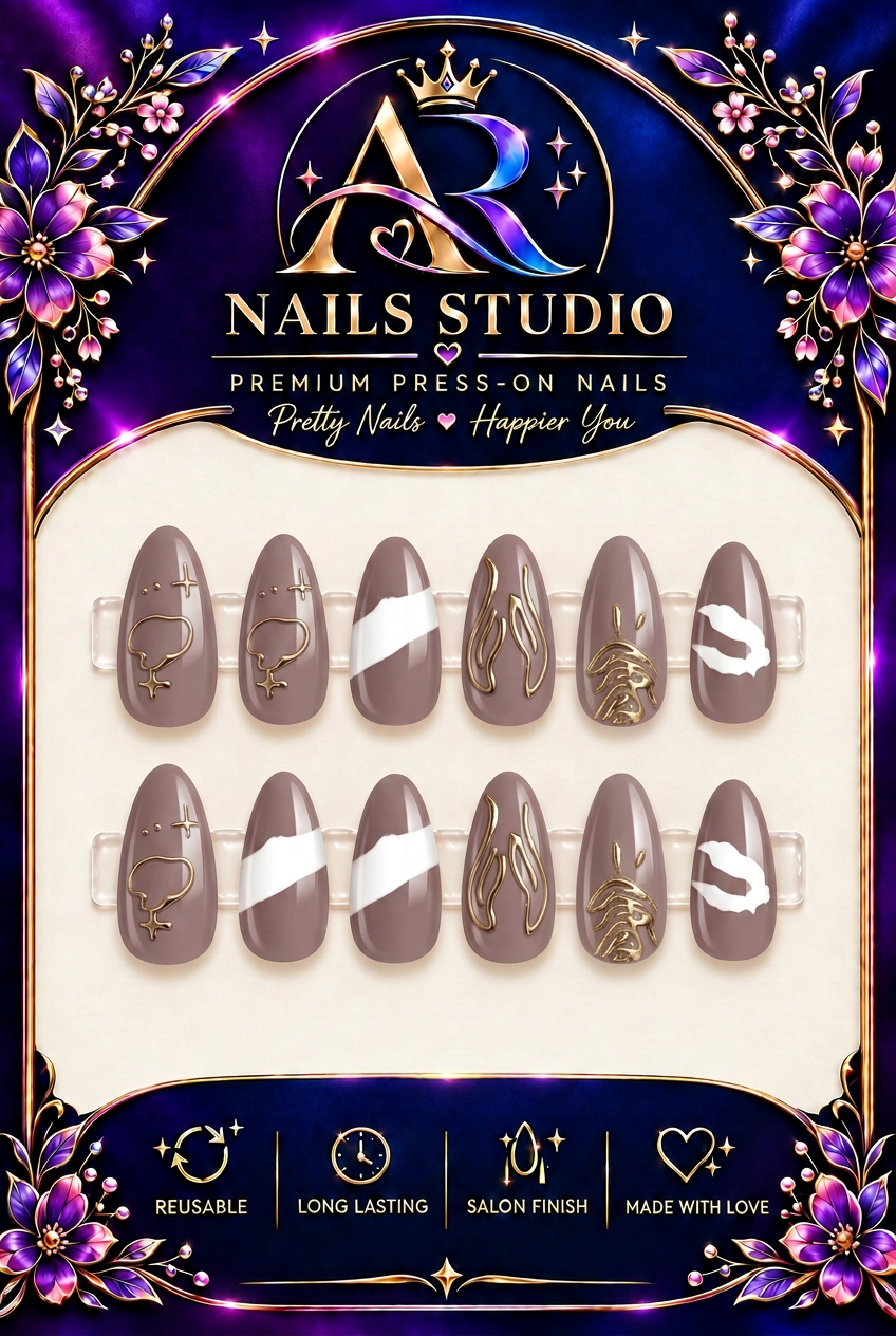 Mauve & Gold Abstract Press-On Nails | AR Nails Studio